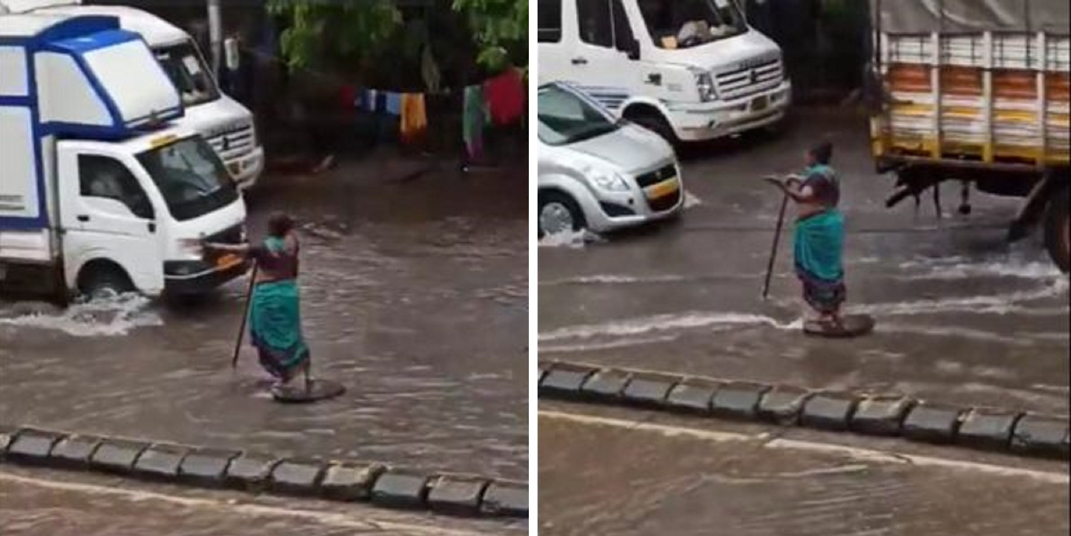 Amid Heavy-Rains, Mumbai Woman Stands In Traffic For 5 Hour To Warn Commuters Of Open Manhole Ahead