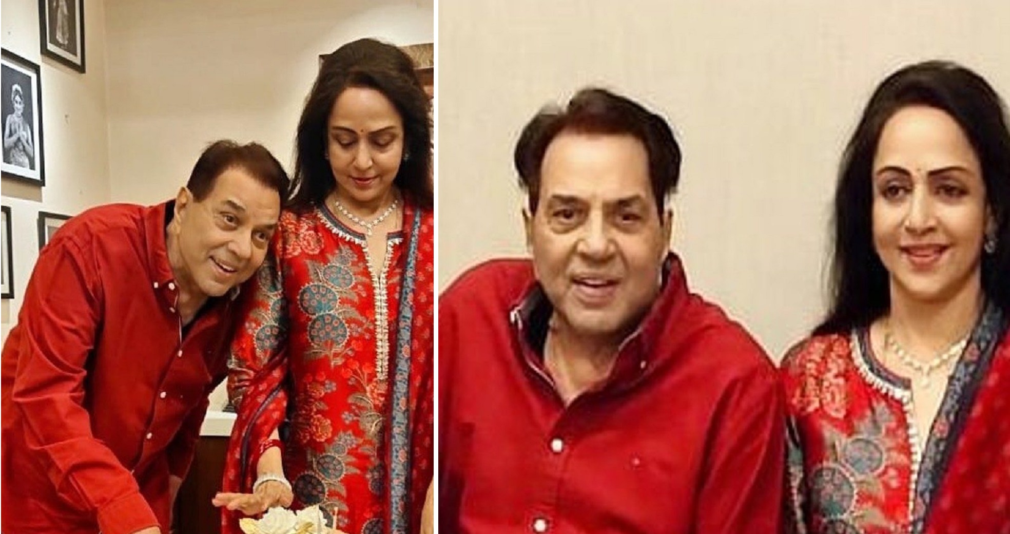 Hema Malini Celebrates 73rd Birthday Pairing Red Attire With Hubby Dharmendra