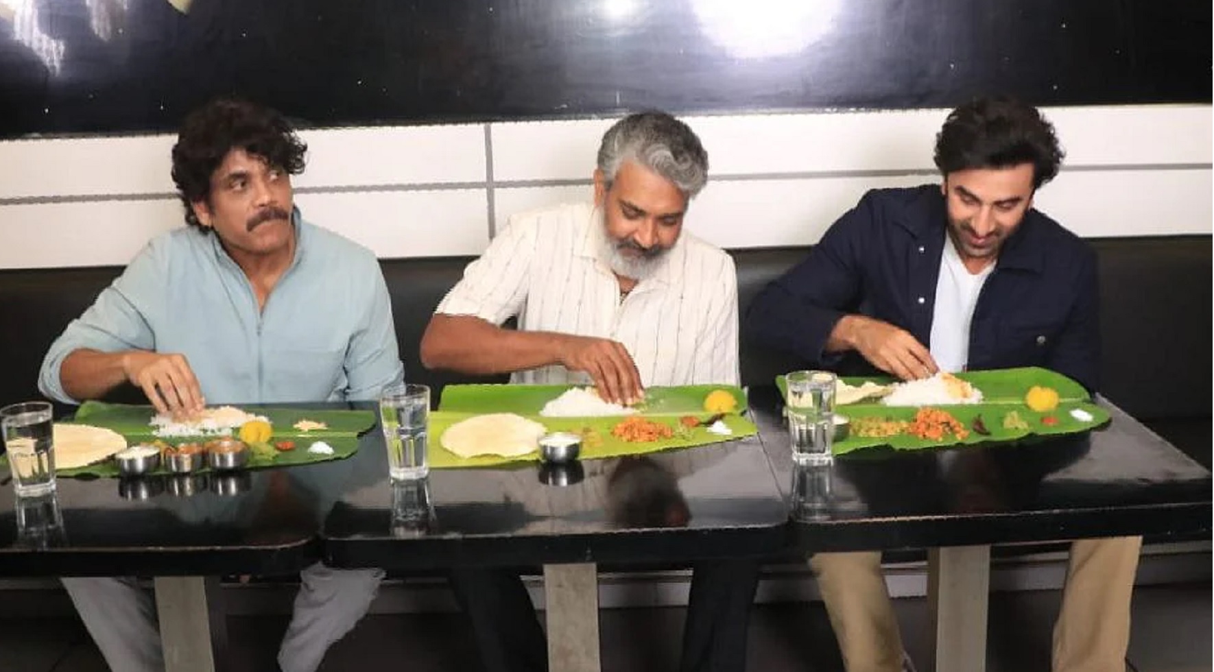 Ranbir Kapoor, Nagarjuna & SS Rajamouli Eat South Indian Thali To Promote Brahmastra In Chennai.