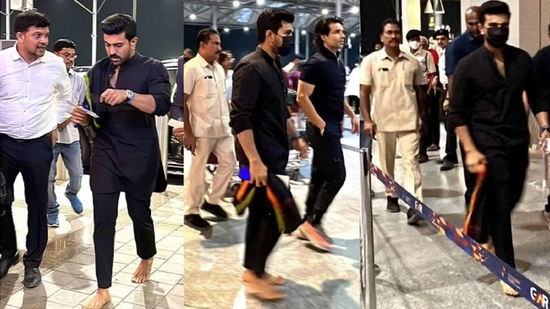 RRR star Ram Charan spotted bare foot at the airport as he leaves for US ahead of the Oscars