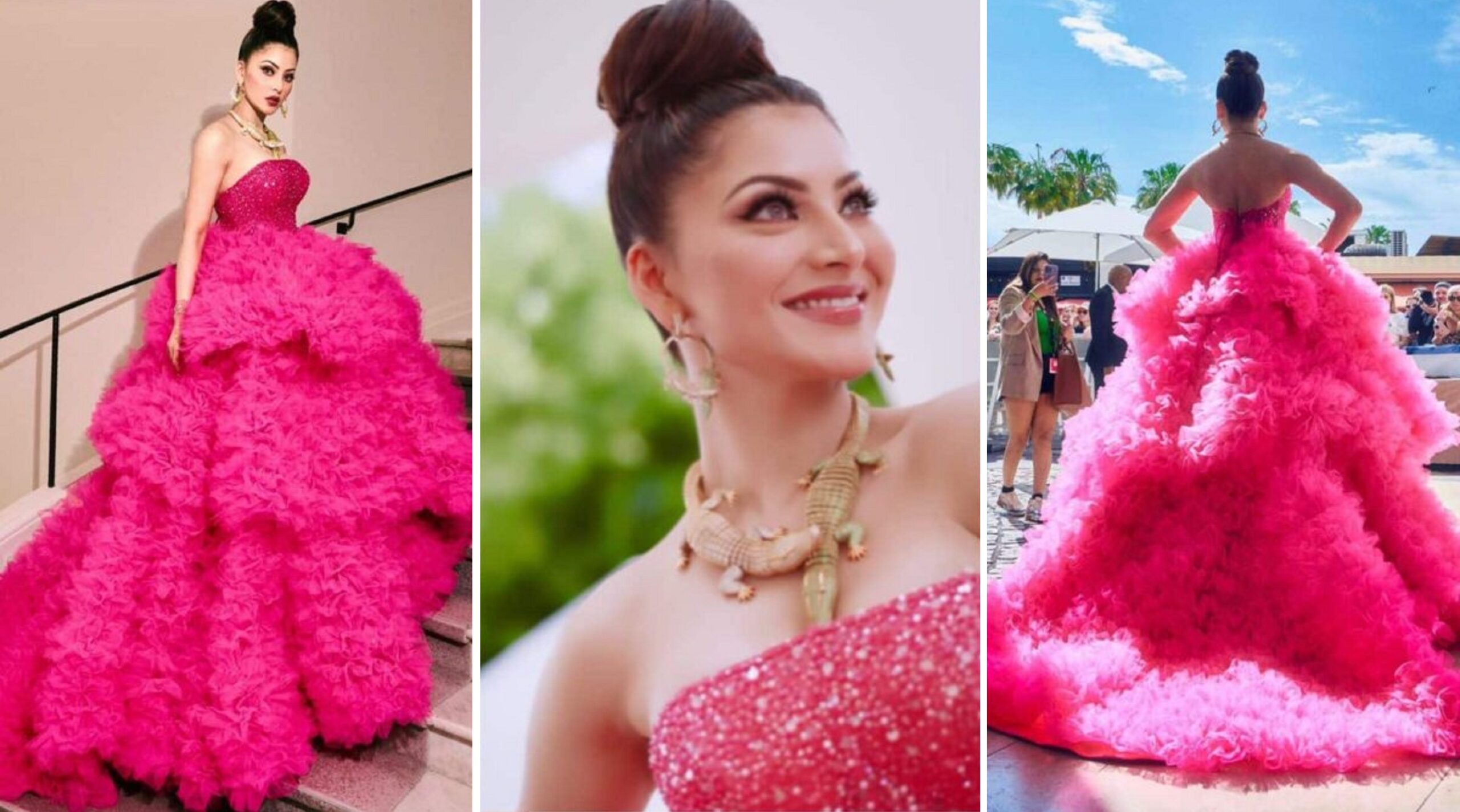 Urvashi Rautela Makes A Glamorous Appearance At 2023 Cannes In Pink Gown & A Crocodile Necklace